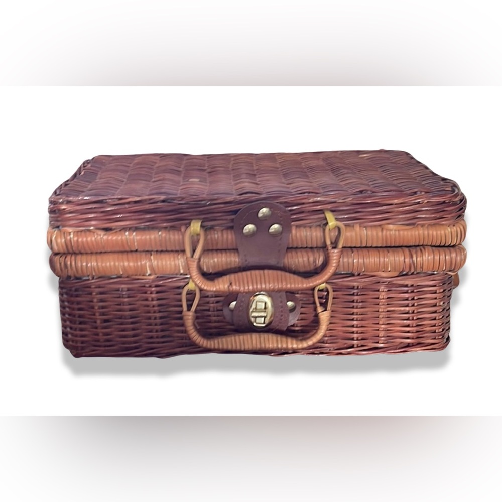 Woven Rattan Storage Basket with Leather-Look Handle - Brown